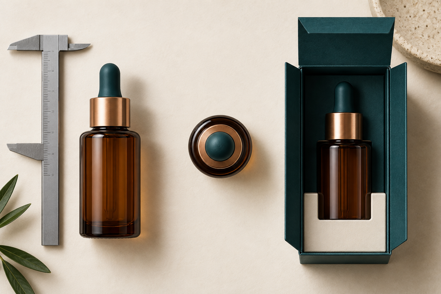 Serum bottle shown from front and top beside a measurement caliper and carton with lower-body support that keeps the dropper clear