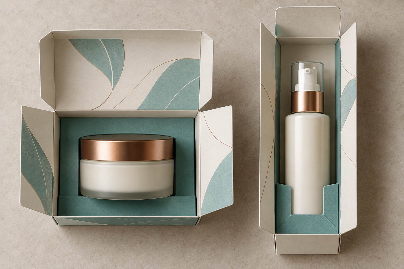 Moisturizer jar and pump bottle shown in differently proportioned open cartons with body access and closure clearance