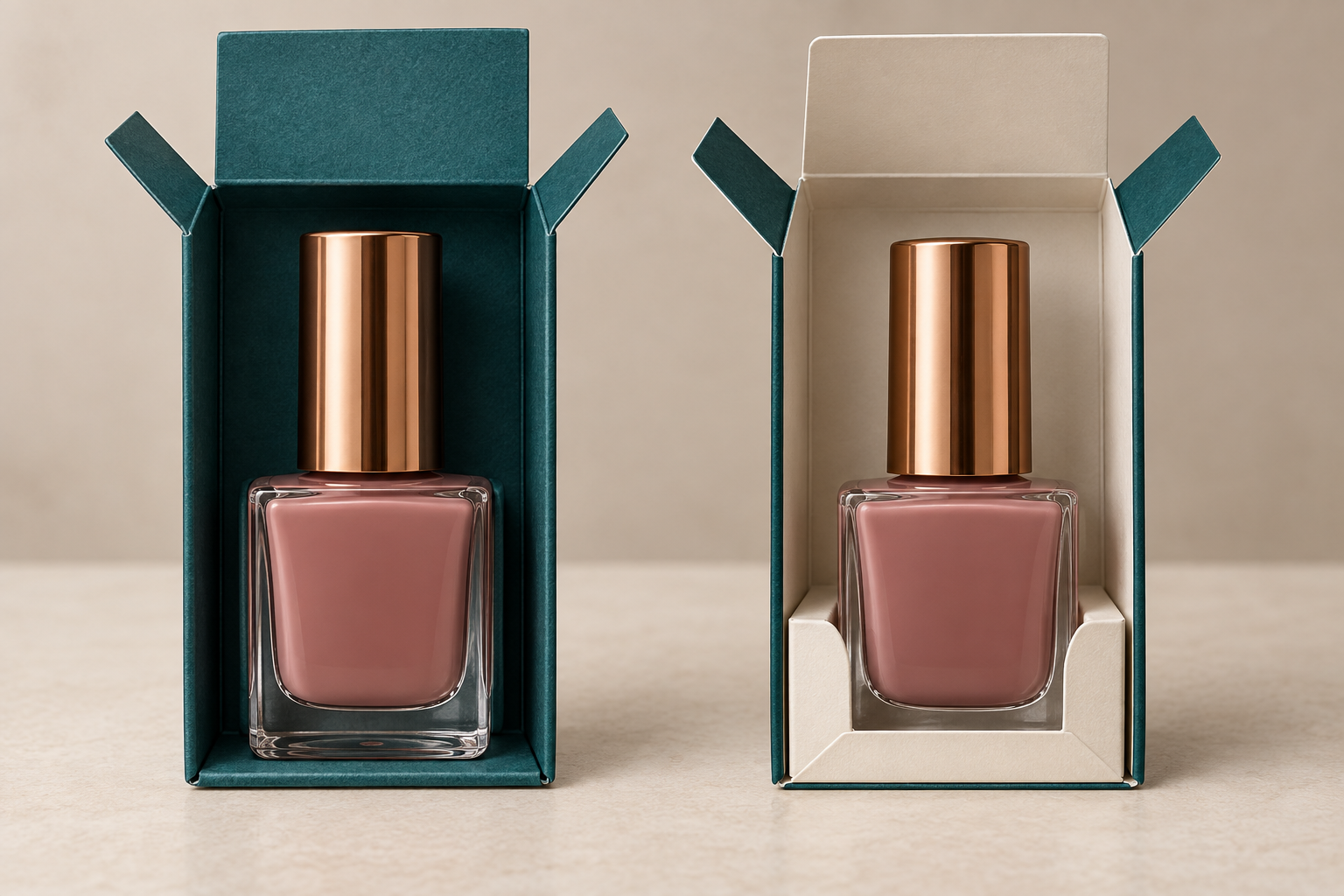 Glass nail polish bottle comparison showing a direct-fit carton and localized lower-body paperboard support with cap clearance